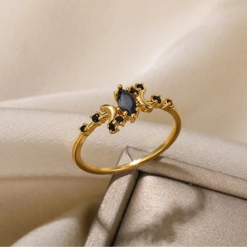 2CT Marquise Cut Black Diamond Triple Moon 14K Gold Ring
